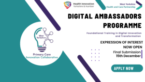 A teal and white card with purple lines with text that reads 'Digital Ambassador's Programme' apply now