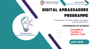 Card in the WY ICB colours showing the extension of expression of interest for the digital ambassadors programme until 2 January 2024